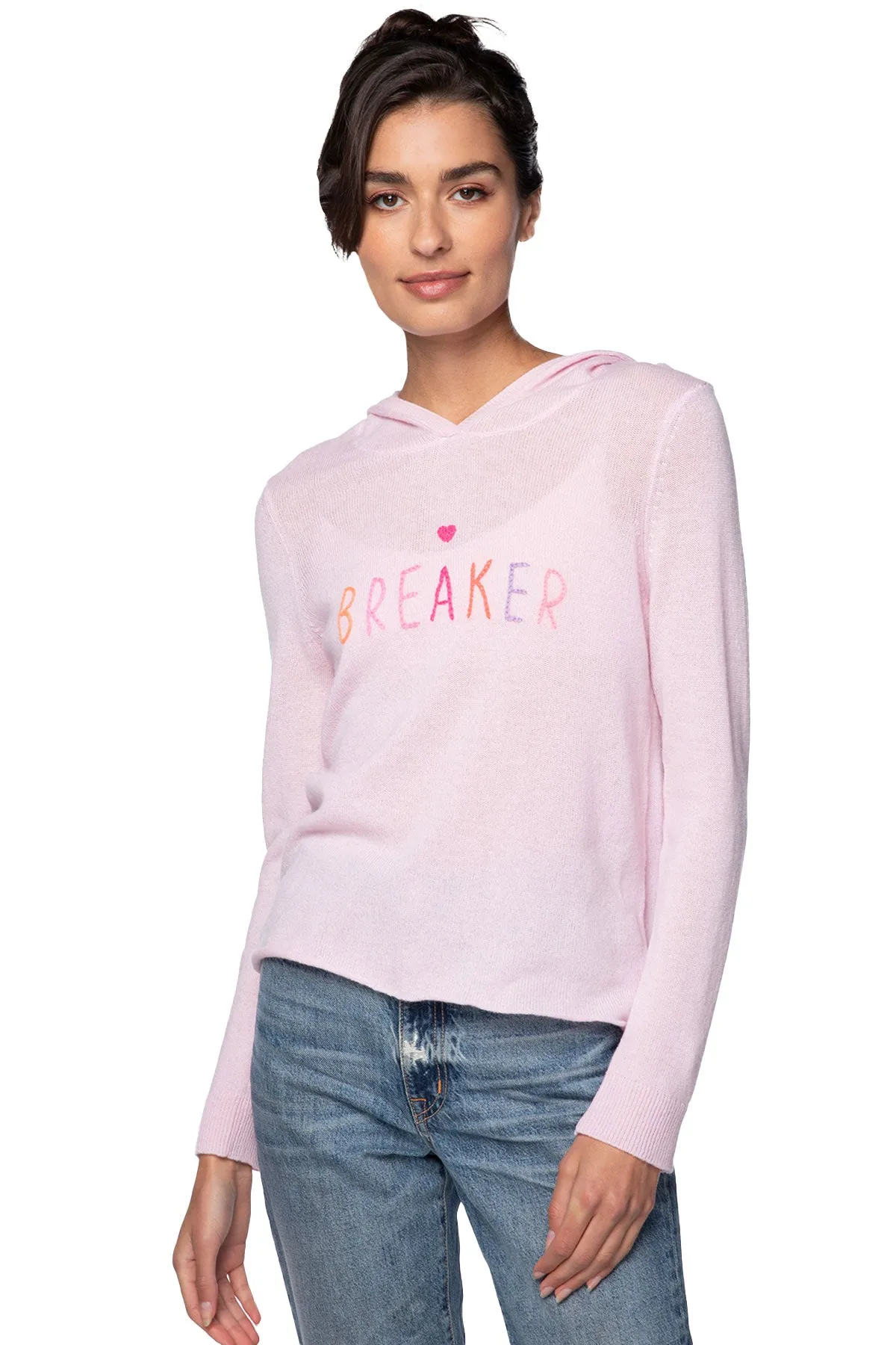 100% Cashmere Hoodie Sweater Lt Pink with Embroidery Heart Breaker