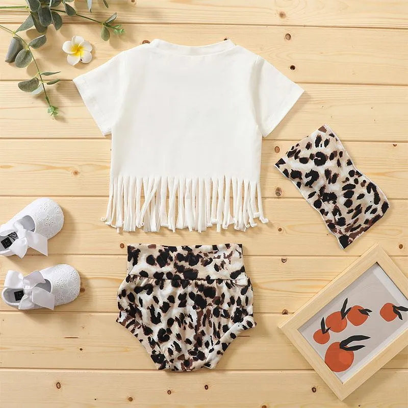 3-piece Letter Pattern Tassl Tops & Shorts & Headband for Baby Girl