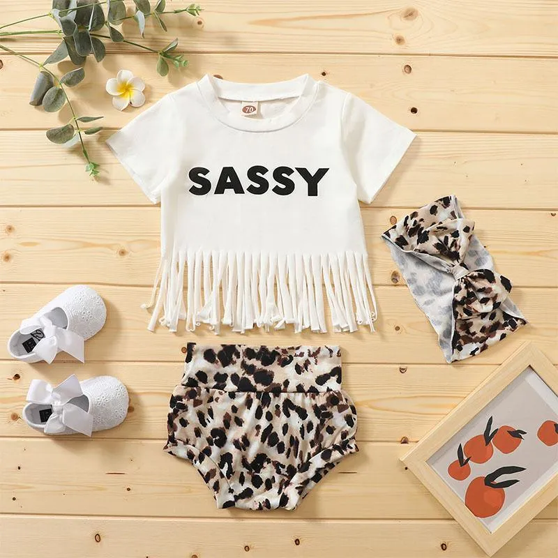 3-piece Letter Pattern Tassl Tops & Shorts & Headband for Baby Girl