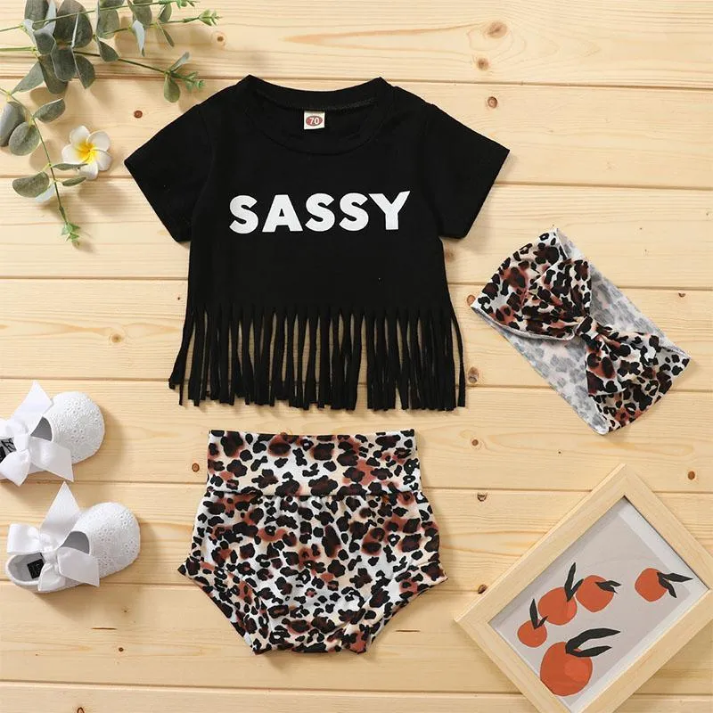 3-piece Letter Pattern Tassl Tops & Shorts & Headband for Baby Girl
