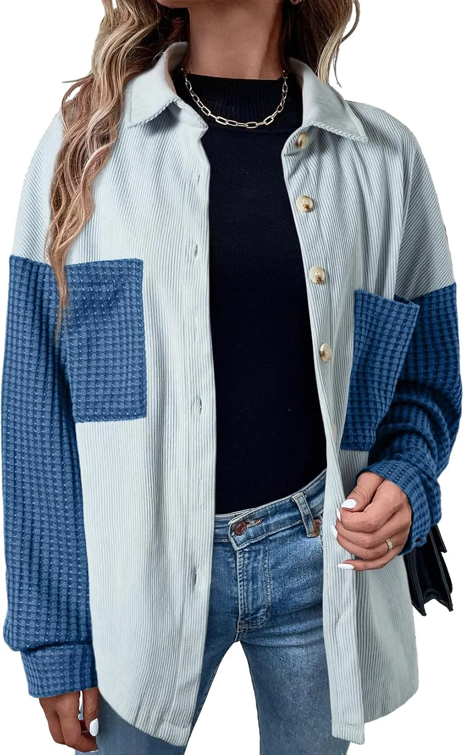 Astylish Womens 2024 Corduroy Shacket Color Block Waffle Jackets Casual Long Sleeve Button Down Shirts Coat