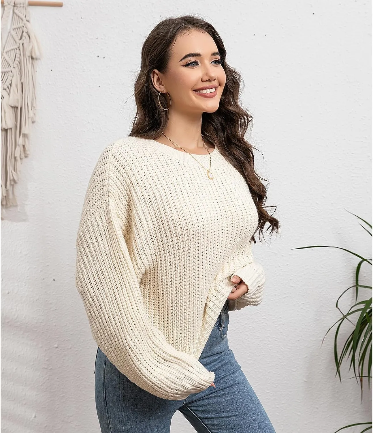 Autumn/Winter Women's Pullover Loose Lantern Sleeve Knitted Round Neck Knitted Sweater