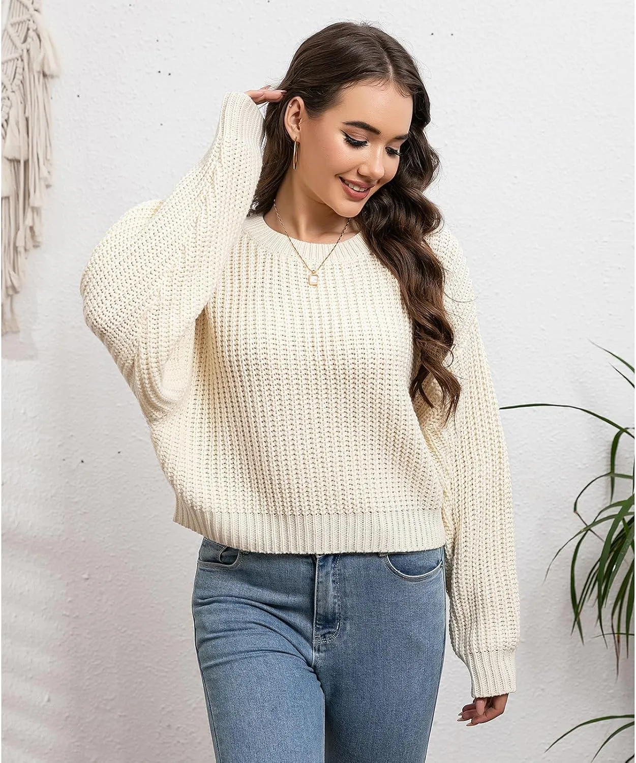 Autumn/Winter Women's Pullover Loose Lantern Sleeve Knitted Round Neck Knitted Sweater