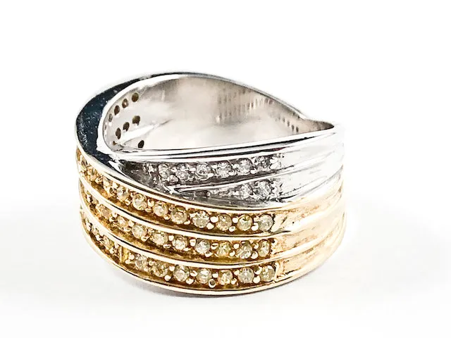 Beautiful Thick X Crossover Style Yellow & Clear CZ Silver Ring