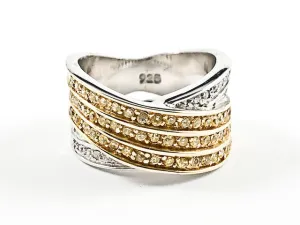 Beautiful Thick X Crossover Style Yellow & Clear CZ Silver Ring
