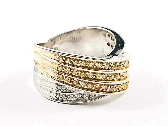 Beautiful Thick X Crossover Style Yellow & Clear CZ Silver Ring