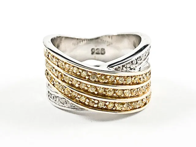 Beautiful Thick X Crossover Style Yellow & Clear CZ Silver Ring