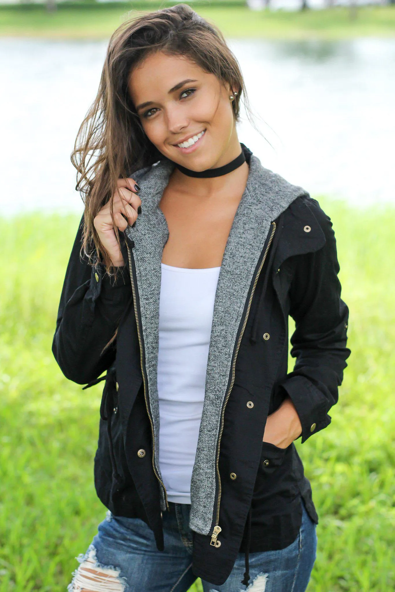 Black Jacket with Gray Hood