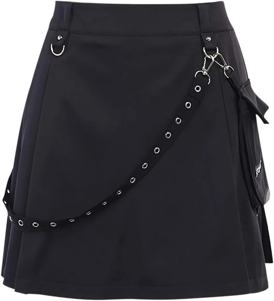 Black Mini Skirt Punk Goth with Belt Pockets High Waisted Cargo Skirt Edgy Skirt with Chain