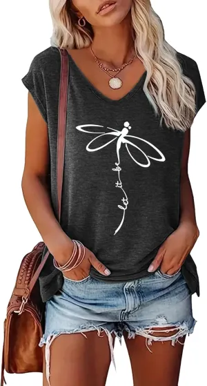 BLACKOO Women's V-Neck Dragonfly T-Shirt Cap Sleeve Tees