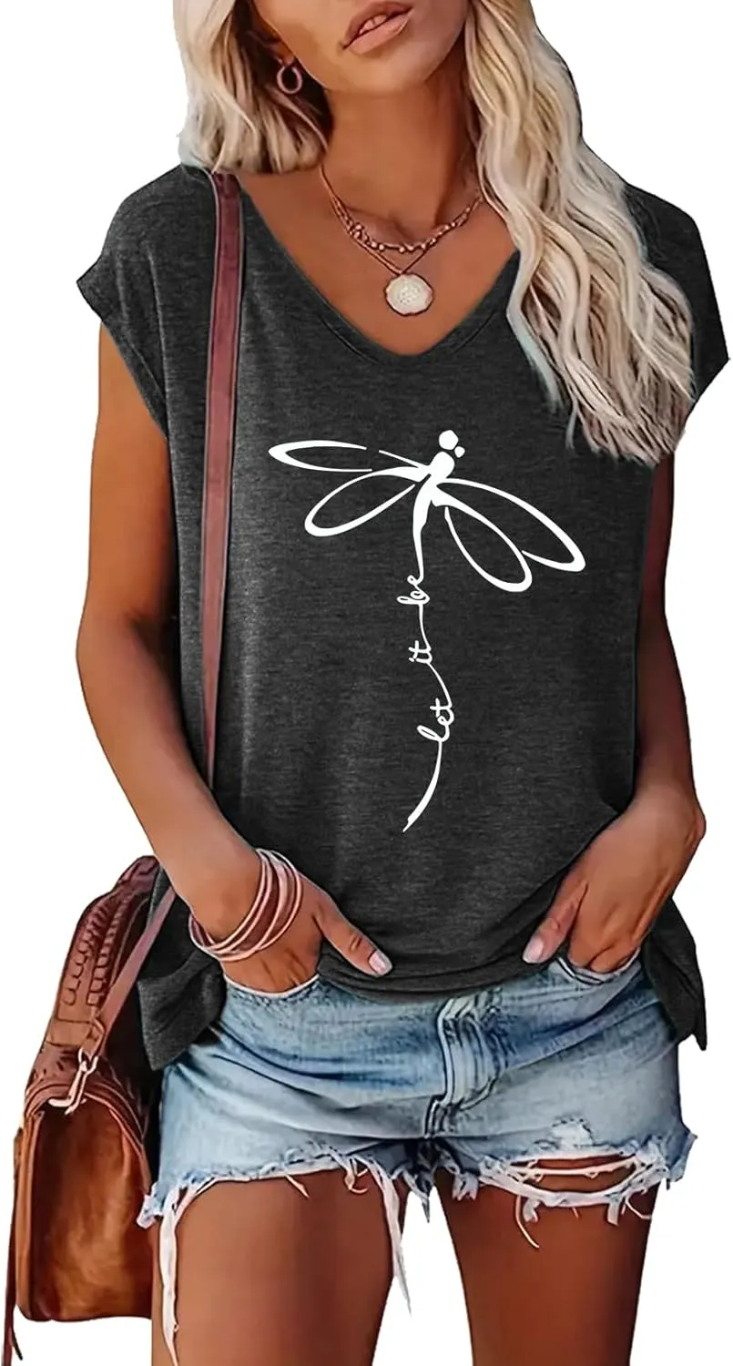 BLACKOO Women's V-Neck Dragonfly T-Shirt Cap Sleeve Tees