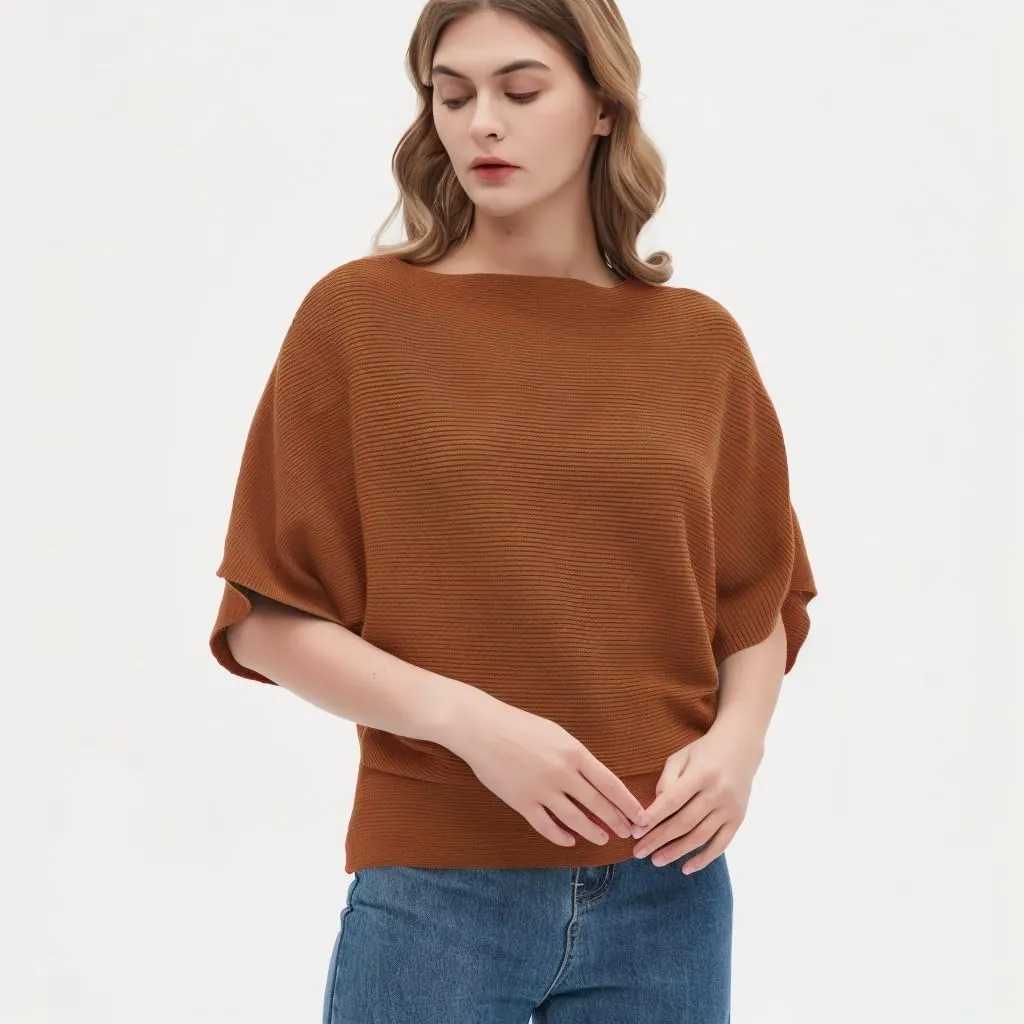 Boat Neck Short Batwing Sleeve Pullover Knit Sweaters Off Shoulder Cute Tops for Women