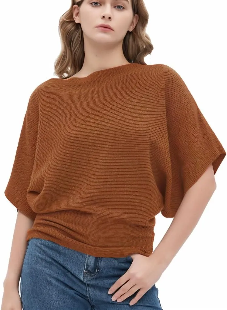 Boat Neck Short Batwing Sleeve Pullover Knit Sweaters Off Shoulder Cute Tops for Women
