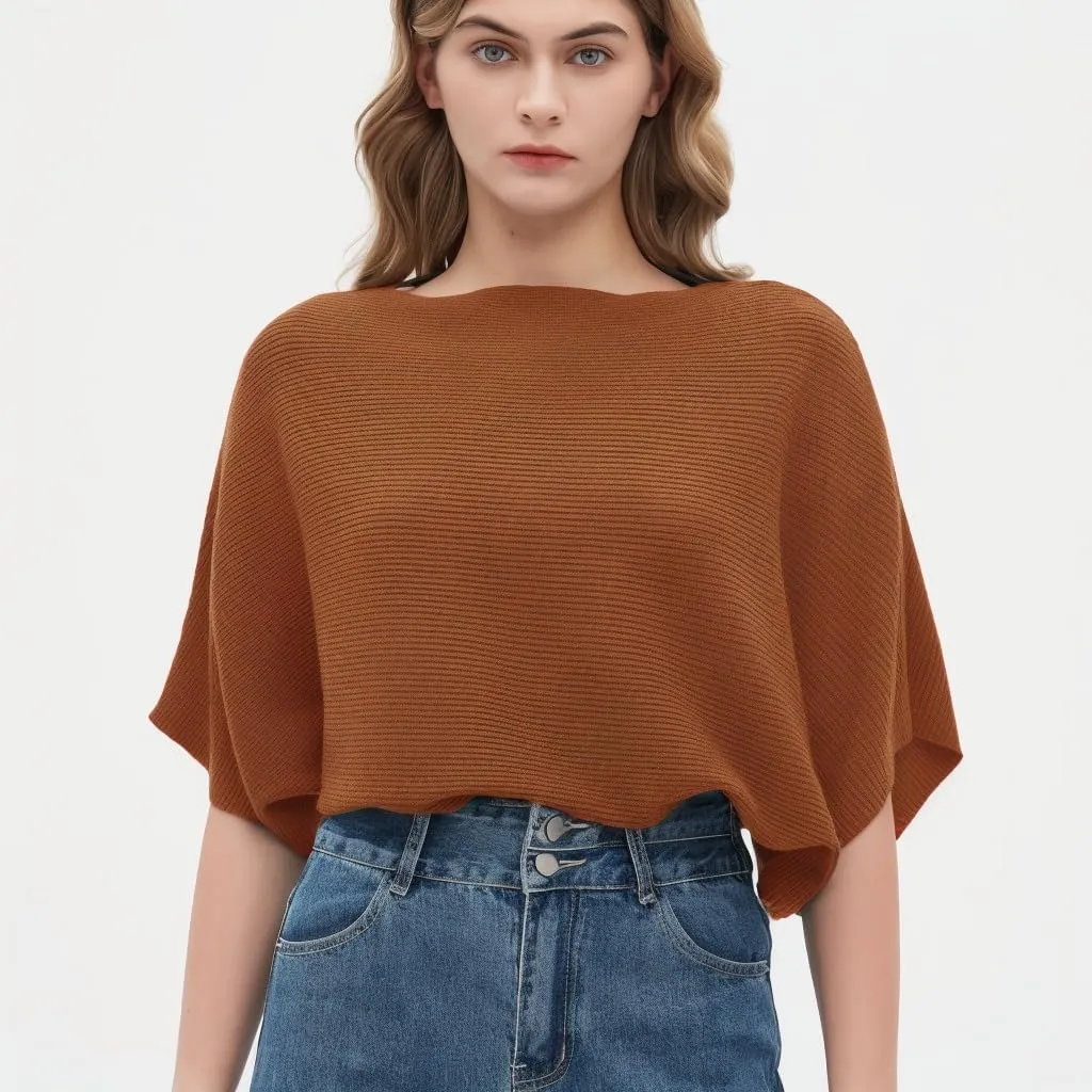 Boat Neck Short Batwing Sleeve Pullover Knit Sweaters Off Shoulder Cute Tops for Women