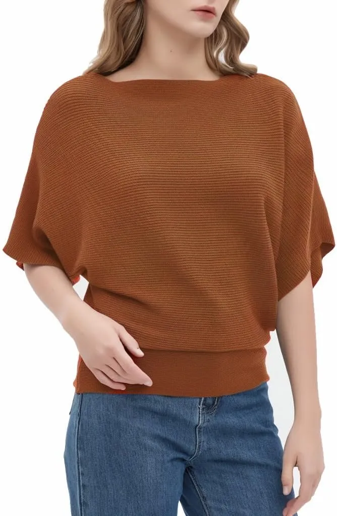 Boat Neck Short Batwing Sleeve Pullover Knit Sweaters Off Shoulder Cute Tops for Women