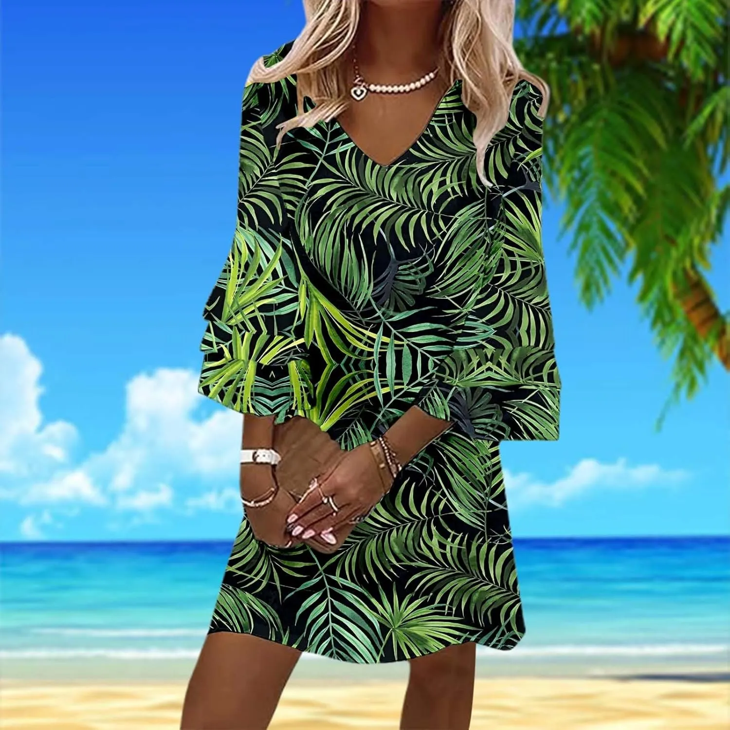 Boho Floral Mini Dress for Women | V Neck 3/4 Bell Sleeve Summer Dress, Flowy Loose Beach Dresses with Casual Chic Style