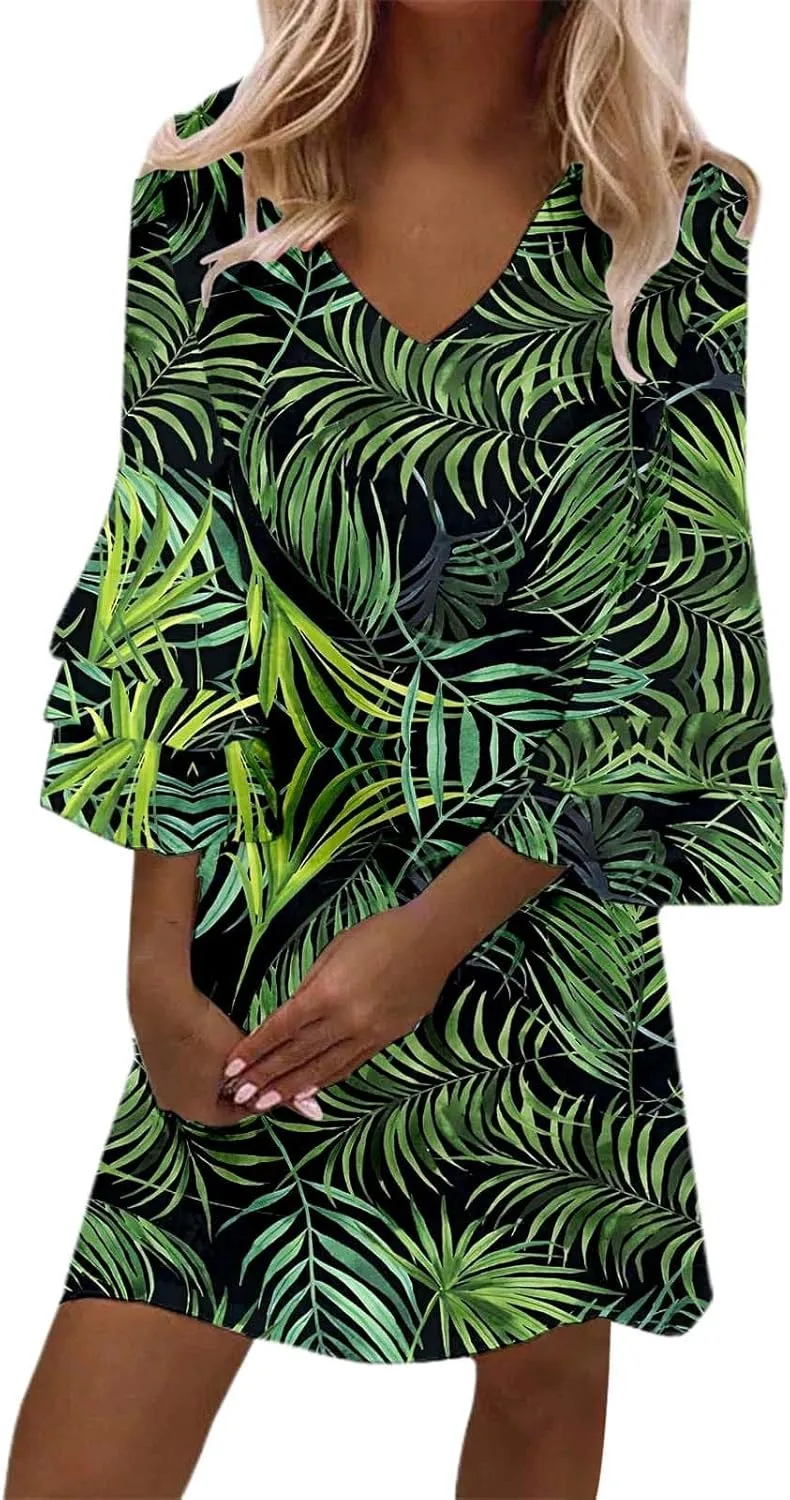 Boho Floral Mini Dress for Women | V Neck 3/4 Bell Sleeve Summer Dress, Flowy Loose Beach Dresses with Casual Chic Style