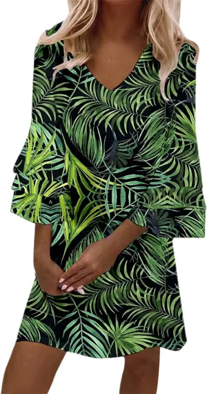 Boho Floral Mini Dress for Women | V Neck 3/4 Bell Sleeve Summer Dress, Flowy Loose Beach Dresses with Casual Chic Style