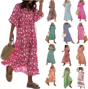 Boho Maxi Dresses for Women Summer Loose V Neck Puff Short Sleeve Dress Casual Flowy Floral Tiered Beach Sundress