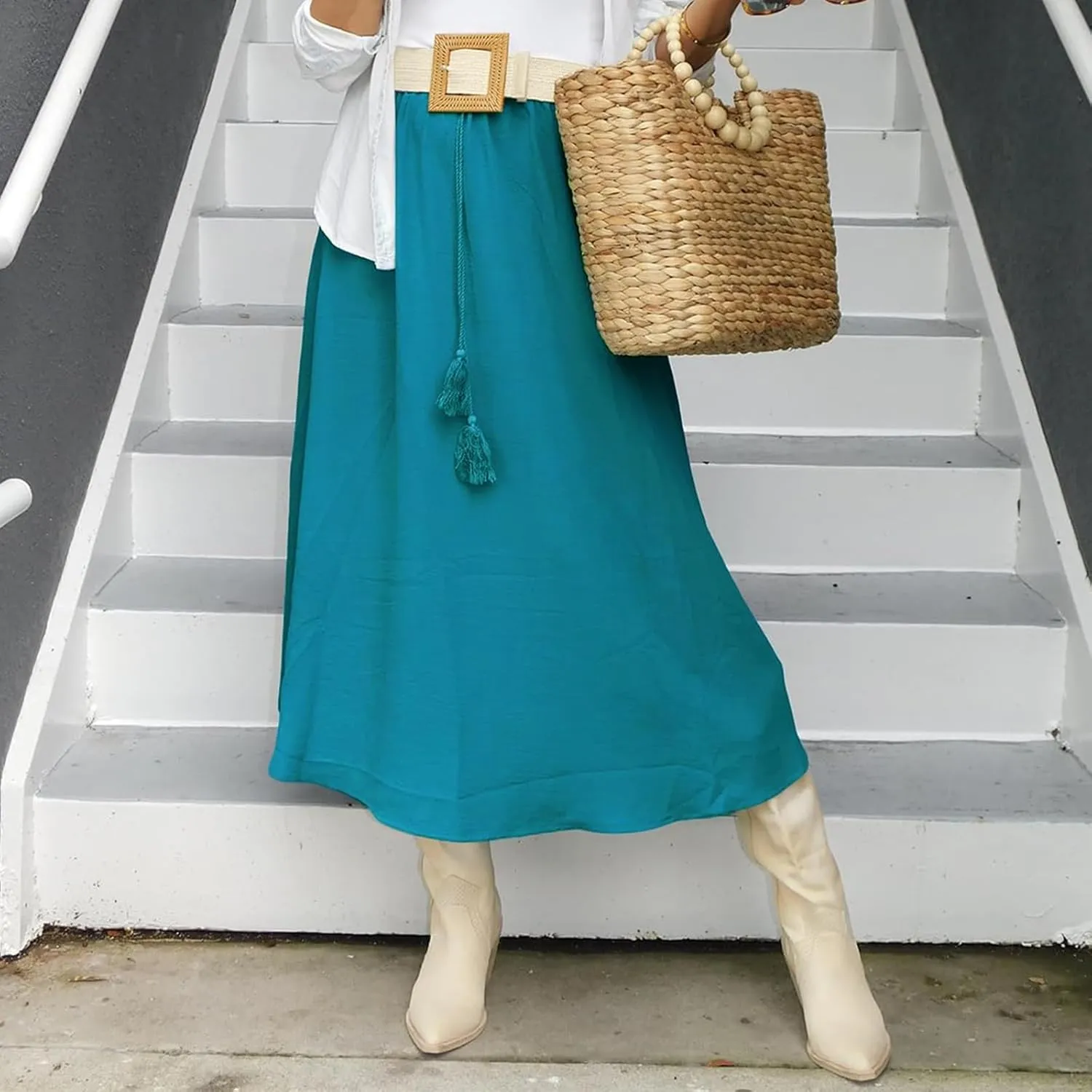 Boho Maxi Skirts for Women Summer Flowy Drawstring High Waist Skirt Casual Lightweight Ruffle Hem A Line Long Skirts