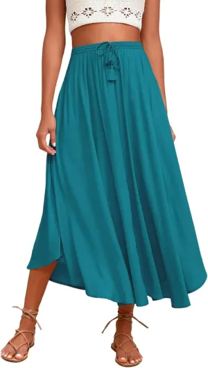 Boho Maxi Skirts for Women Summer Flowy Drawstring High Waist Skirt Casual Lightweight Ruffle Hem A Line Long Skirts