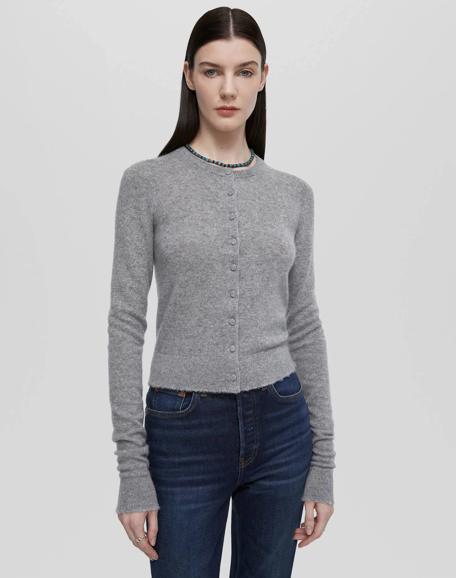 Cashmere Crewneck Cardigan - Grey Heather