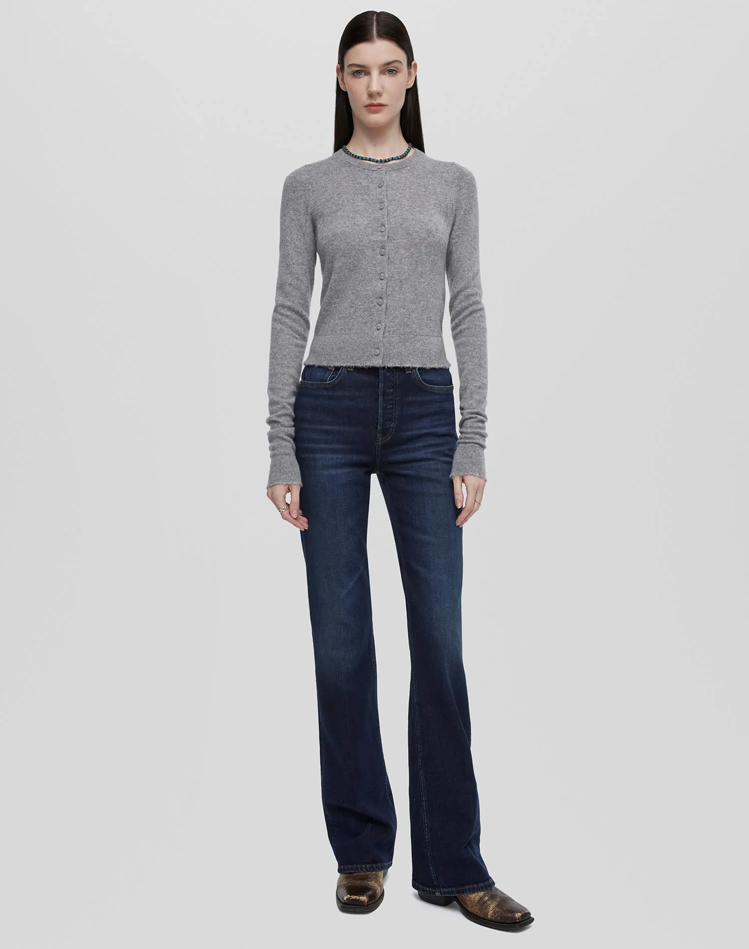 Cashmere Crewneck Cardigan - Grey Heather