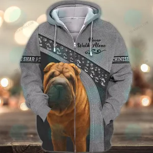 Chinese Shar Pei Never Walk Alone 3D Full Print Shirts, Christmas Shirt for Dog Lovers