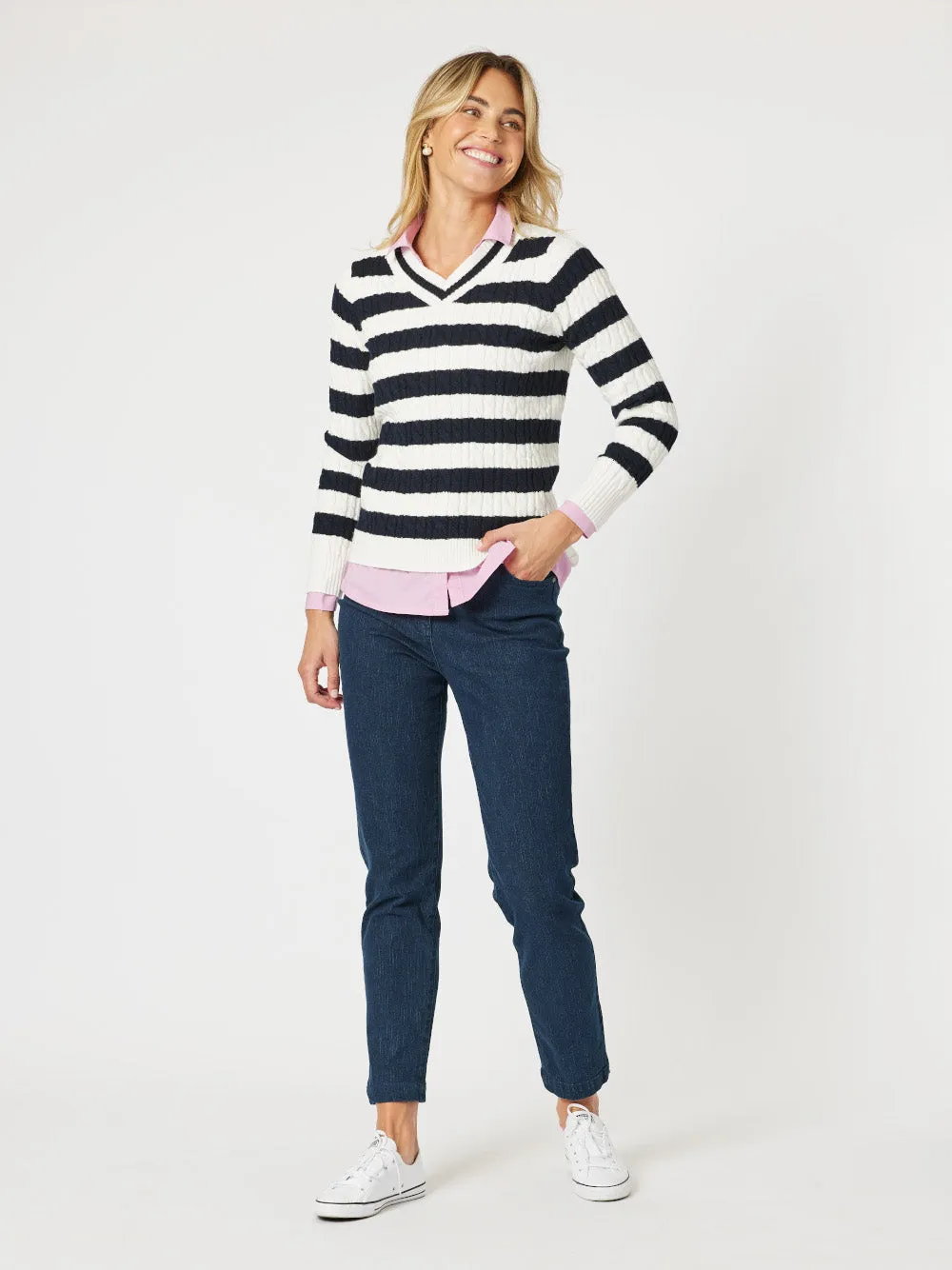 Cindy Stripe V Neck Knit Jumper - Navy