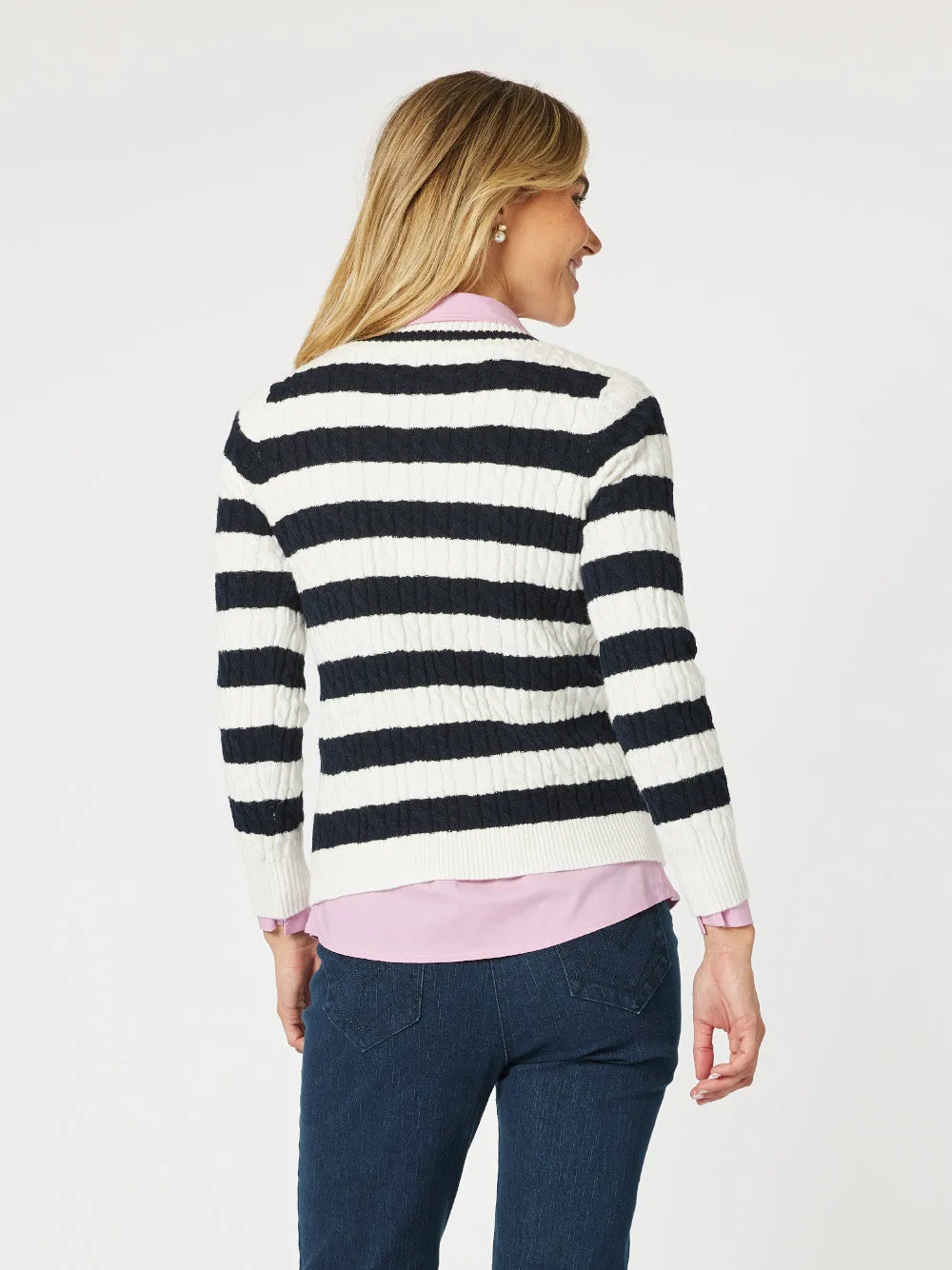 Cindy Stripe V Neck Knit Jumper - Navy