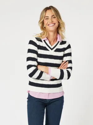 Cindy Stripe V Neck Knit Jumper - Navy
