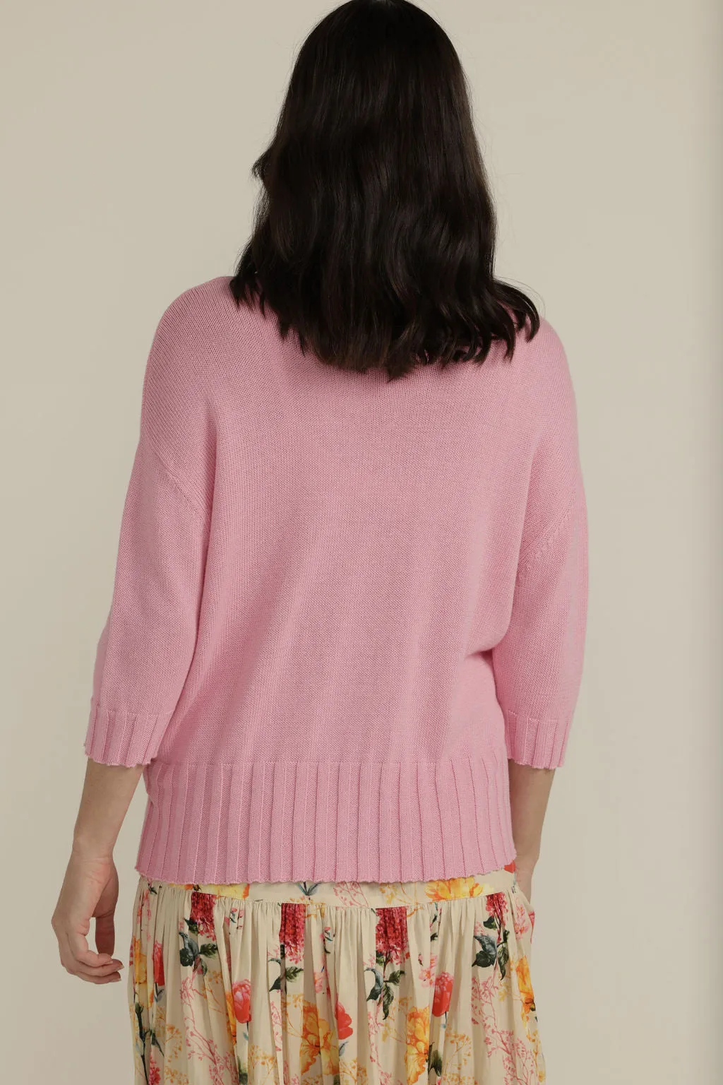 Cotton 3/4 Sleeve Boxy Jumper Pink