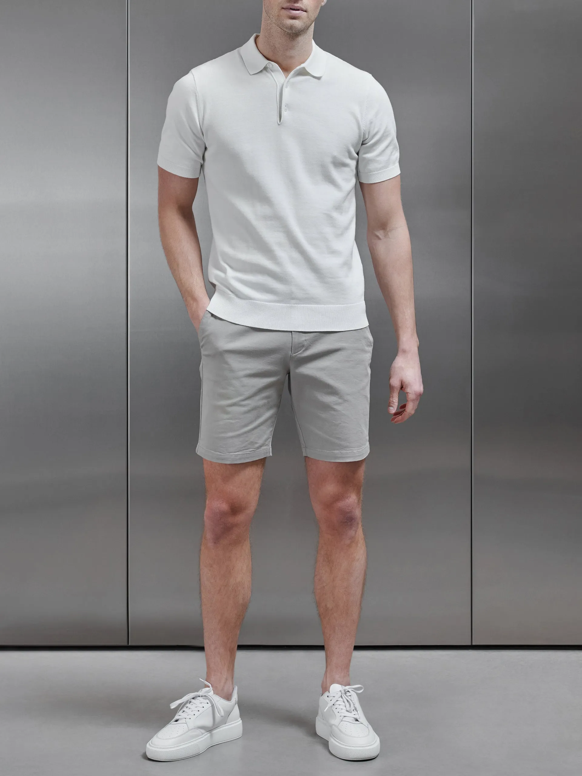 Cotton Knitted Button Polo Shirt in White
