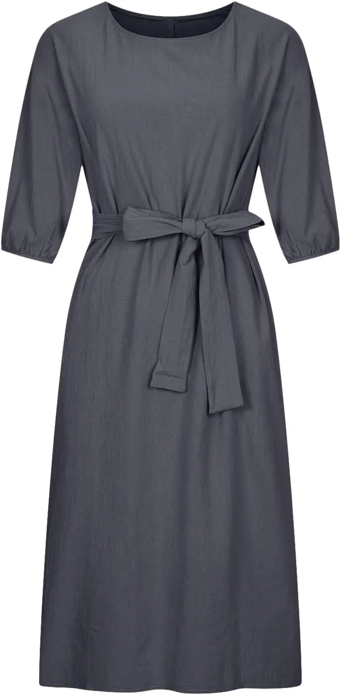 Cotton Linen Dresses for Women 2025 Casual Solid Color Work Dress Long Sleeve Tie Waist Knee Length Dress Boho Clothes