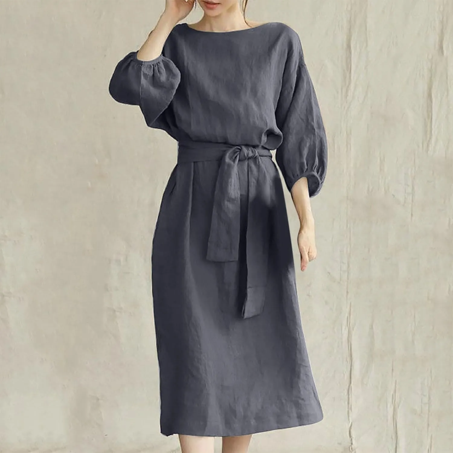 Cotton Linen Dresses for Women 2025 Casual Solid Color Work Dress Long Sleeve Tie Waist Knee Length Dress Boho Clothes