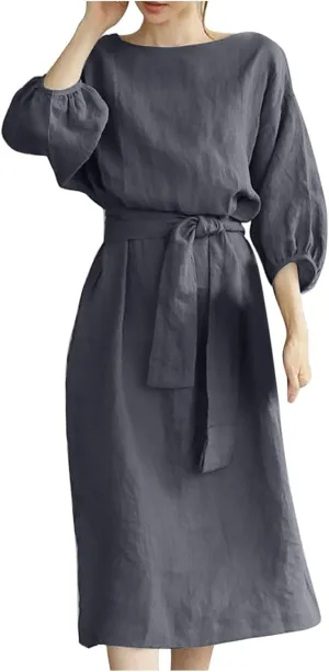 Cotton Linen Dresses for Women 2025 Casual Solid Color Work Dress Long Sleeve Tie Waist Knee Length Dress Boho Clothes
