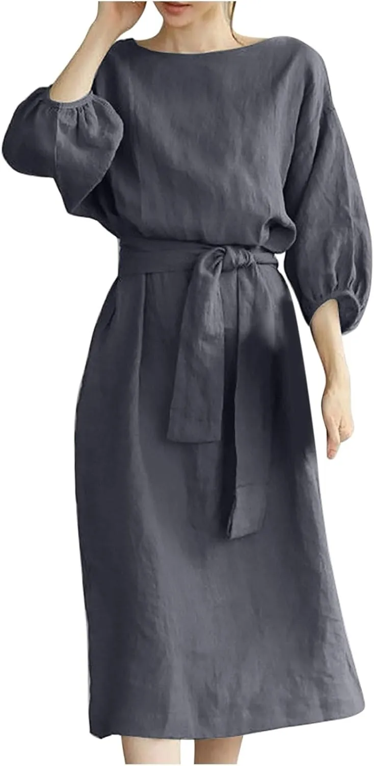 Cotton Linen Dresses for Women 2025 Casual Solid Color Work Dress Long Sleeve Tie Waist Knee Length Dress Boho Clothes