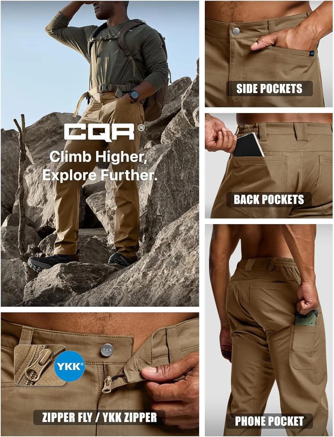 CQR Men's Quick Dry Tactical Pants, Water Resistant Outdoor Pants, Lightweight Stretch Cargo Work Hiking Pants