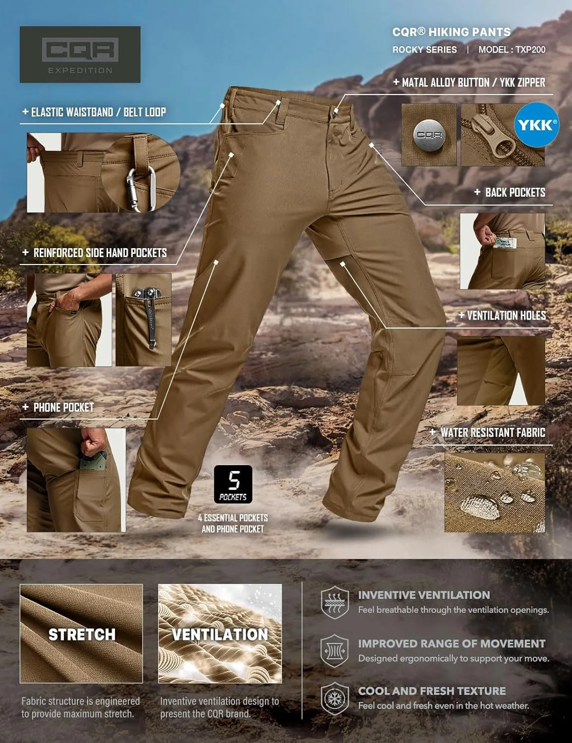 CQR Men's Quick Dry Tactical Pants, Water Resistant Outdoor Pants, Lightweight Stretch Cargo Work Hiking Pants