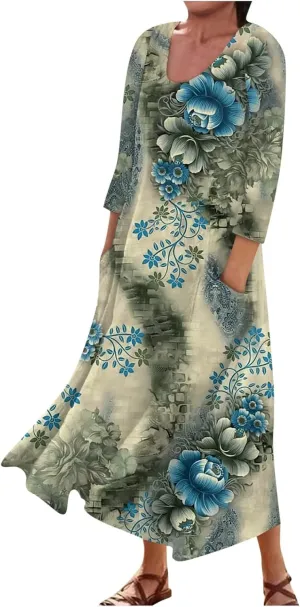 Dress Women Long Womens Boho Floral Print Loose Fit Casual Summer 3/4 Sleeve Crewneck Long Dress with Pockets