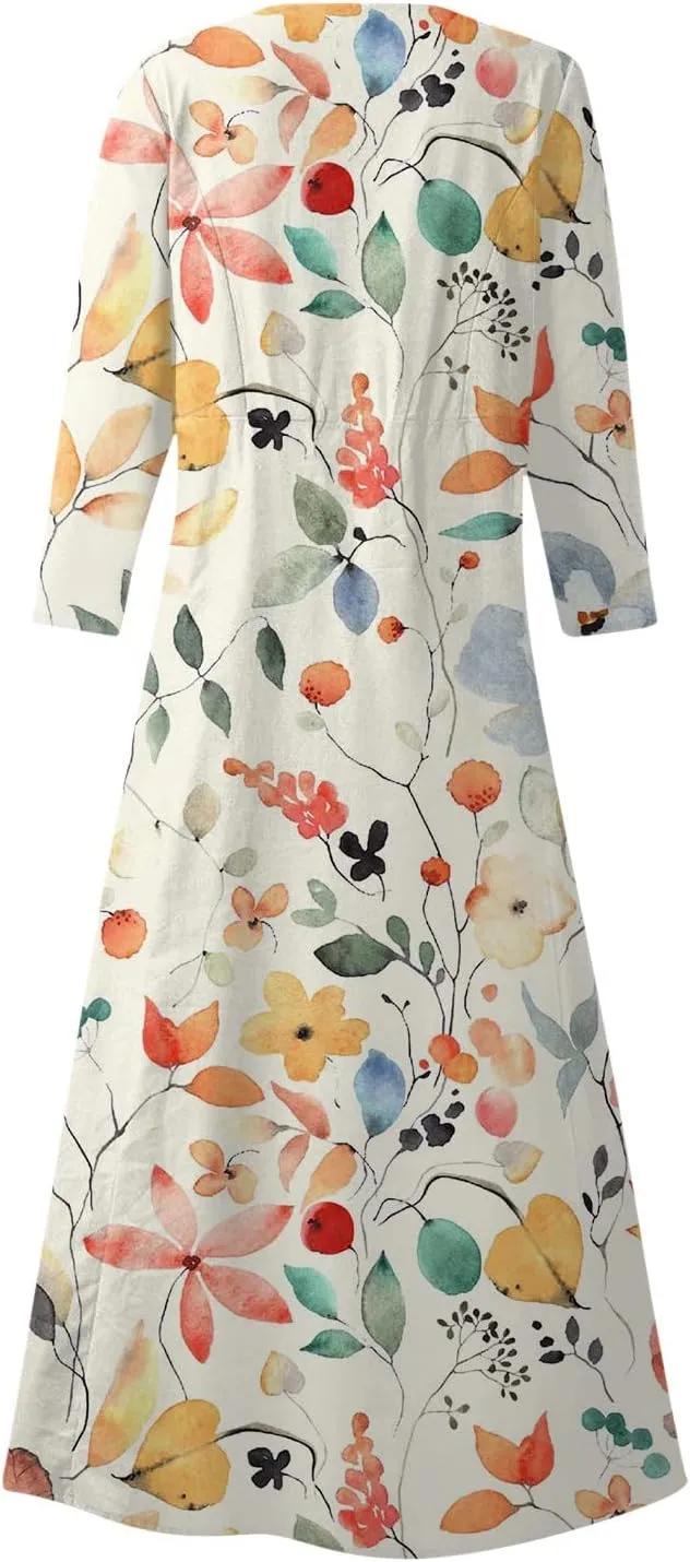 Dress Women Long Womens Boho Floral Print Loose Fit Casual Summer 3/4 Sleeve Crewneck Long Dress with Pockets