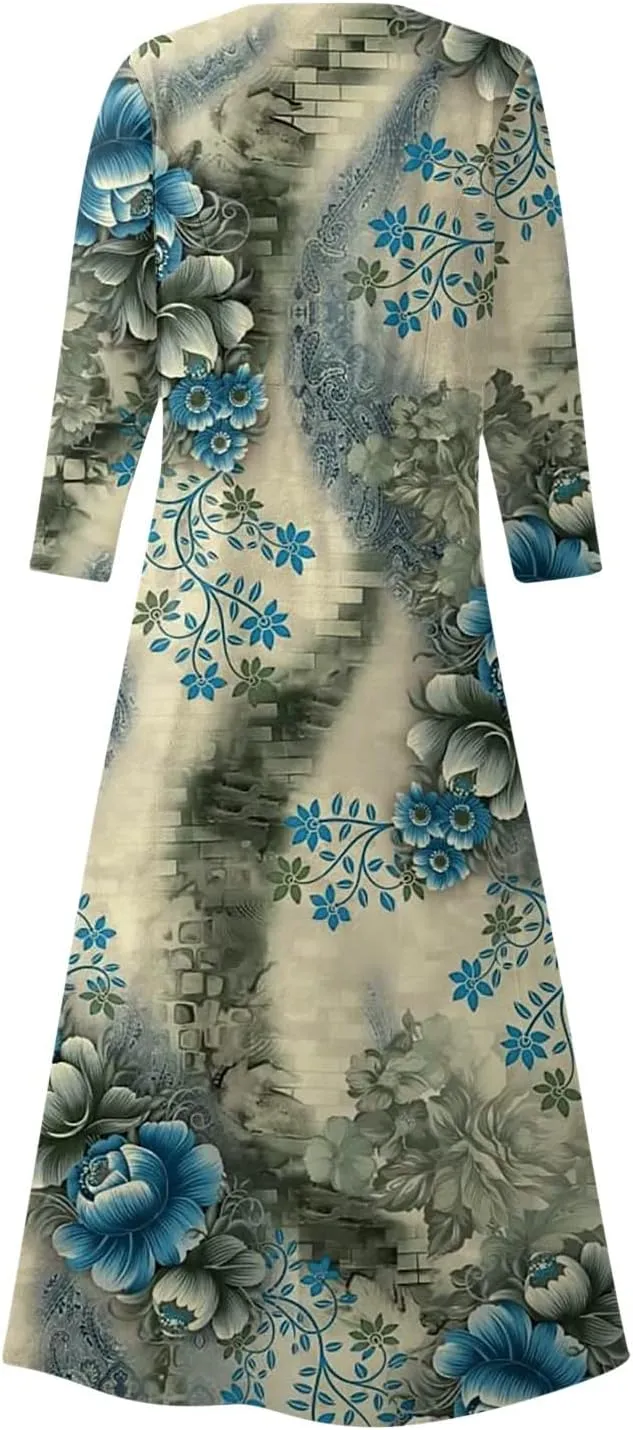 Dress Women Long Womens Boho Floral Print Loose Fit Casual Summer 3/4 Sleeve Crewneck Long Dress with Pockets
