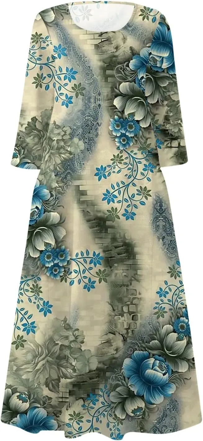 Dress Women Long Womens Boho Floral Print Loose Fit Casual Summer 3/4 Sleeve Crewneck Long Dress with Pockets