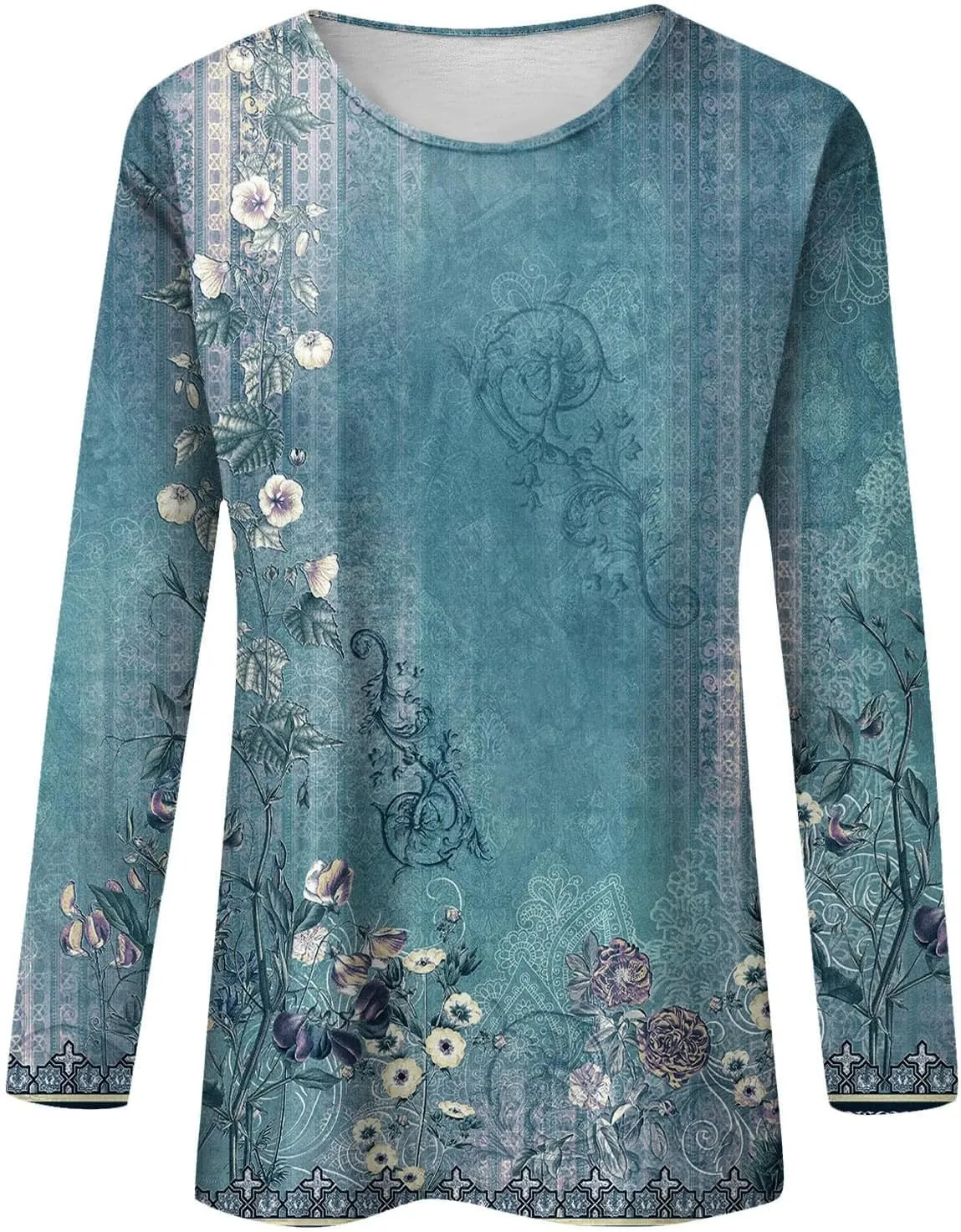 Fall Shirts for Women 2024 Dressy Casual Long Sleeve Crewneck Blouses Floral Print Tunic Tops Cotton Tshirt