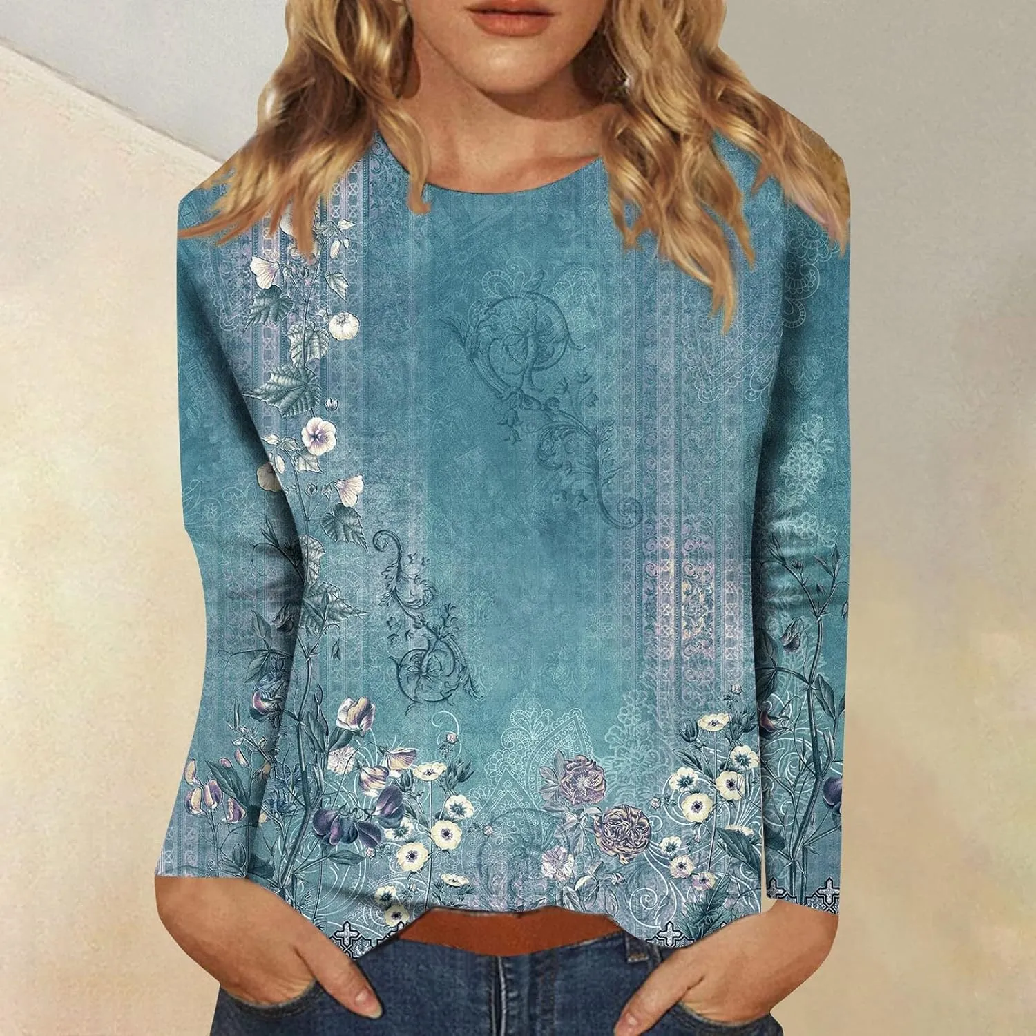 Fall Shirts for Women 2024 Dressy Casual Long Sleeve Crewneck Blouses Floral Print Tunic Tops Cotton Tshirt