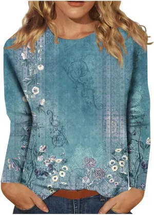 Fall Shirts for Women 2024 Dressy Casual Long Sleeve Crewneck Blouses Floral Print Tunic Tops Cotton Tshirt