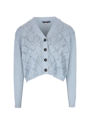 faux pearl-embellished wool and cotton-blend cardigan