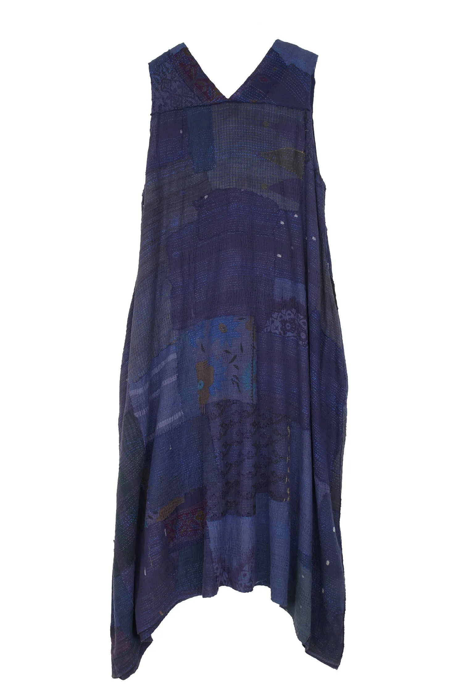 FRAYED PATCH KANTHA TENT DRESS - fi2413-nvy -