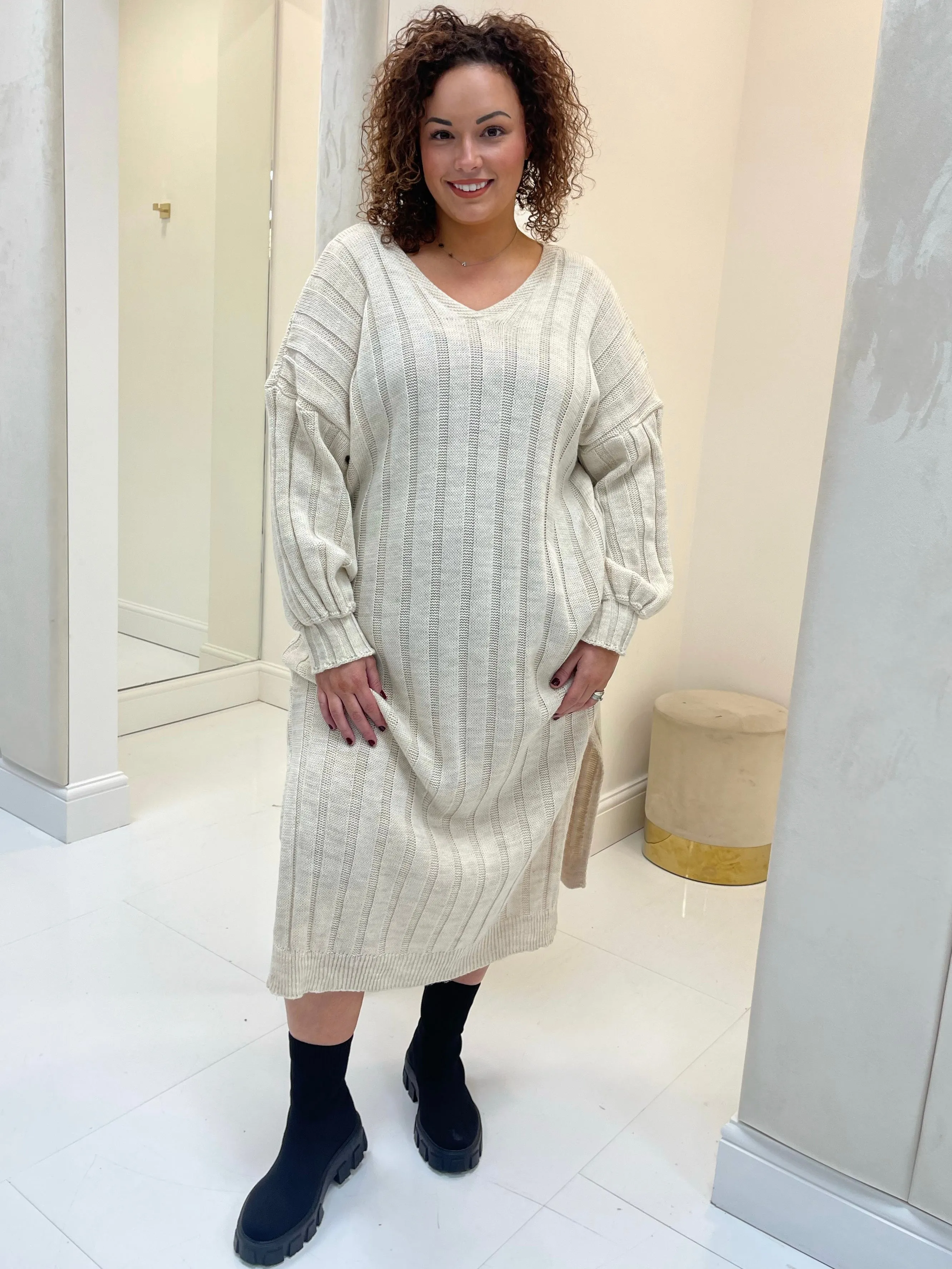 Georgie Beige Side Split Knitted Dress