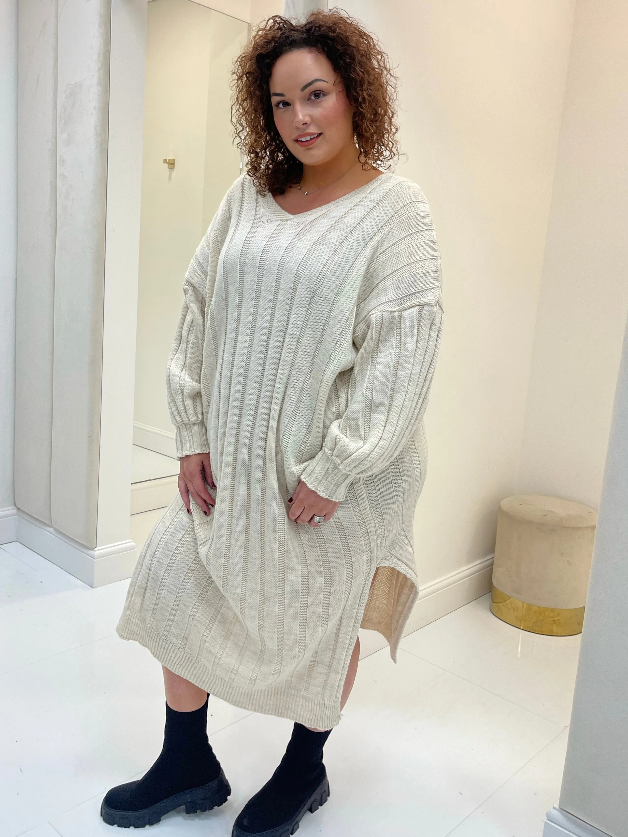 Georgie Beige Side Split Knitted Dress
